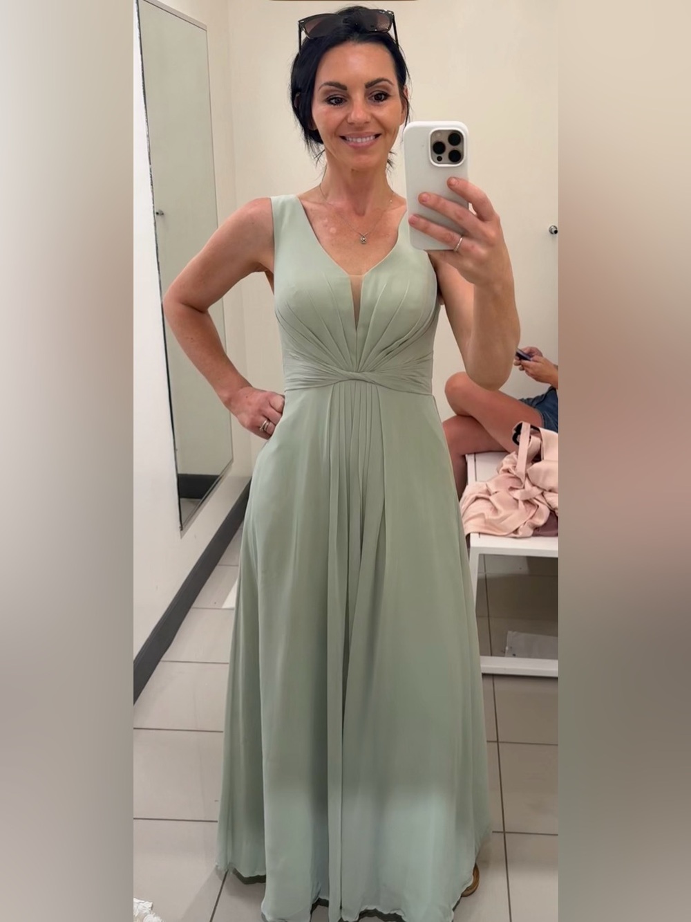 Azazie Sage Green Pleated V-Neck Maxi Dress